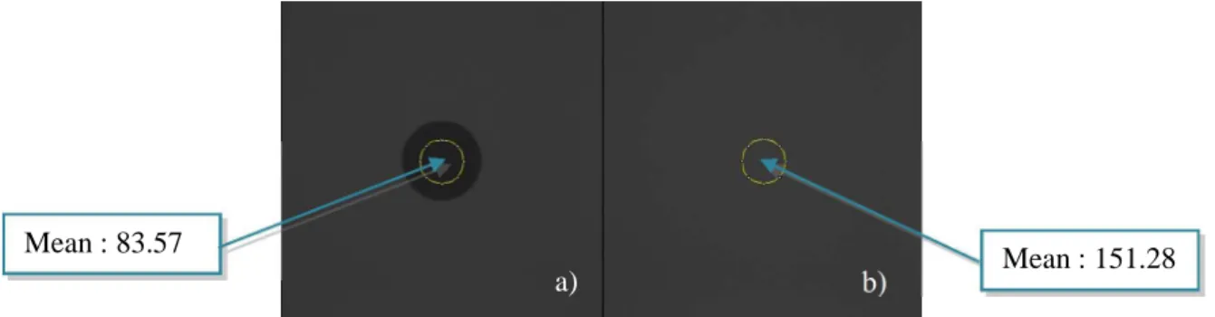 Fig. 5:  Mesure des niveaux de gris pour l’estimation du rapport  S/P  a) image avec plomb, b) sans plomb 