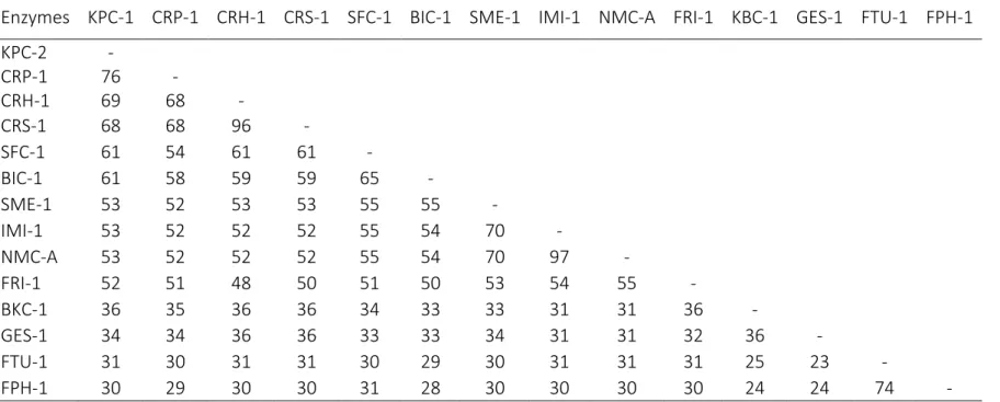 Table S1. Amino acid identities (%) between Klebsiella pneumoniae carbapenemase (KPC-2), the Ambler class A β-lactamases produced by  Chromobacterium piscinae strain ND17 (CRP-1), C