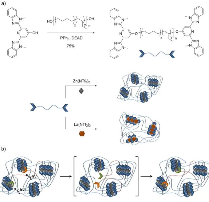 Figure  5:  a)  Synthesis  of  phase  segregated  healable  metallosupramolecular  polymers  via  assembly  of  Mebip  end-capped  telechelic  poly(ethylene-co-butylene)  with  Zn(NTf 2 ) 2   or  Eu(NTf 2 ) 3 