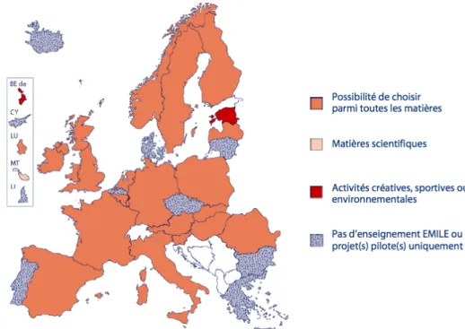 Figure 3 : L'enseignement EMILE en primaire en Europe      En lien avec la carte GHO¶(XURSH : 