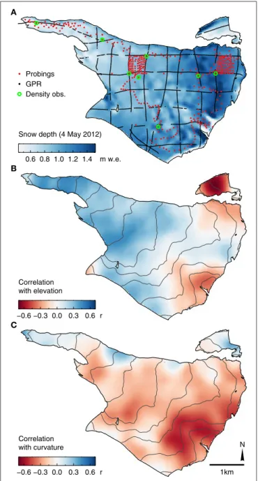 FIGURE 9 | Temporal variability of the snow accumulation pattern shown as the range of the relative deviation (in %) from the normalized snow accumulation distribution averaged over 2012–2014