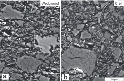 Figure 7. SEM backscattered images of Wed-2 (a) and Creil-2 (b). Visible are angular, calcined flint grains of  various sizes, one inclusion type B (a, light grey), all embedded in a porous and feltry matrix