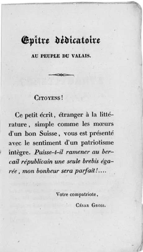 Fig. 3 – Epître dédicatoire du texte de César Gross, La Constituante valaisanne (1837).