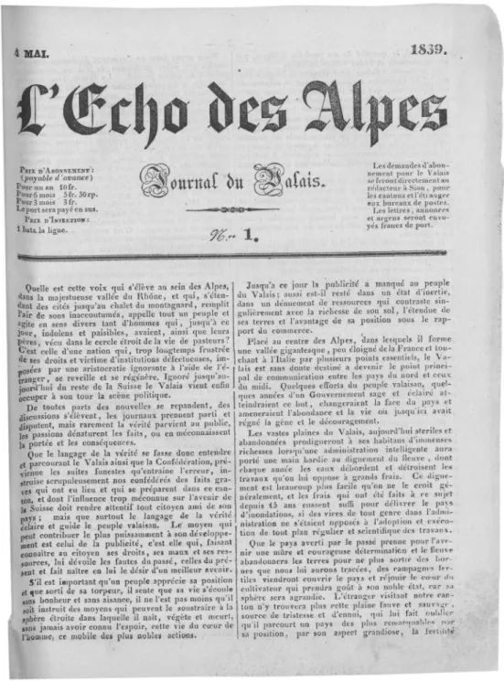 Fig. 4 – L’Echo des Alpes. Journal du Valais, N° 1, 4 mai 1839.