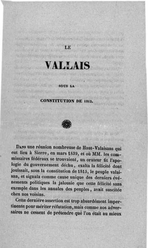 Fig. 5 – Première page du texte de Joseph-Hyacinthe Barman, Le Vallais sous la constitu- constitu-tion de 1815.