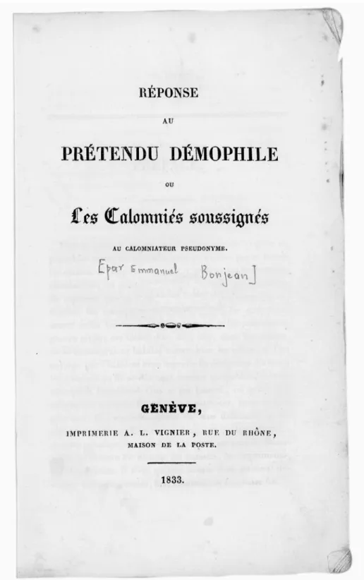 Fig. 6 – Première page du texte d’Emmanuel Bonjean, Réponse au prétendu Démophile.