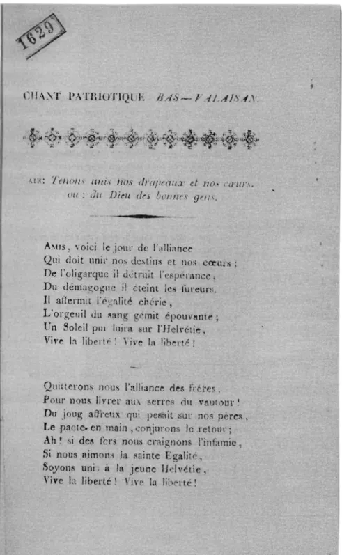 Fig.  7  –  Chant  patriotique  valaisan,  probablement  de  Louis  Gard  (AEV,  Fonds Vieux Monthey, archives Adrien-Félix Pottier).
