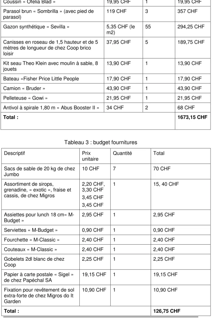 Tableau 3 : budget fournitures 