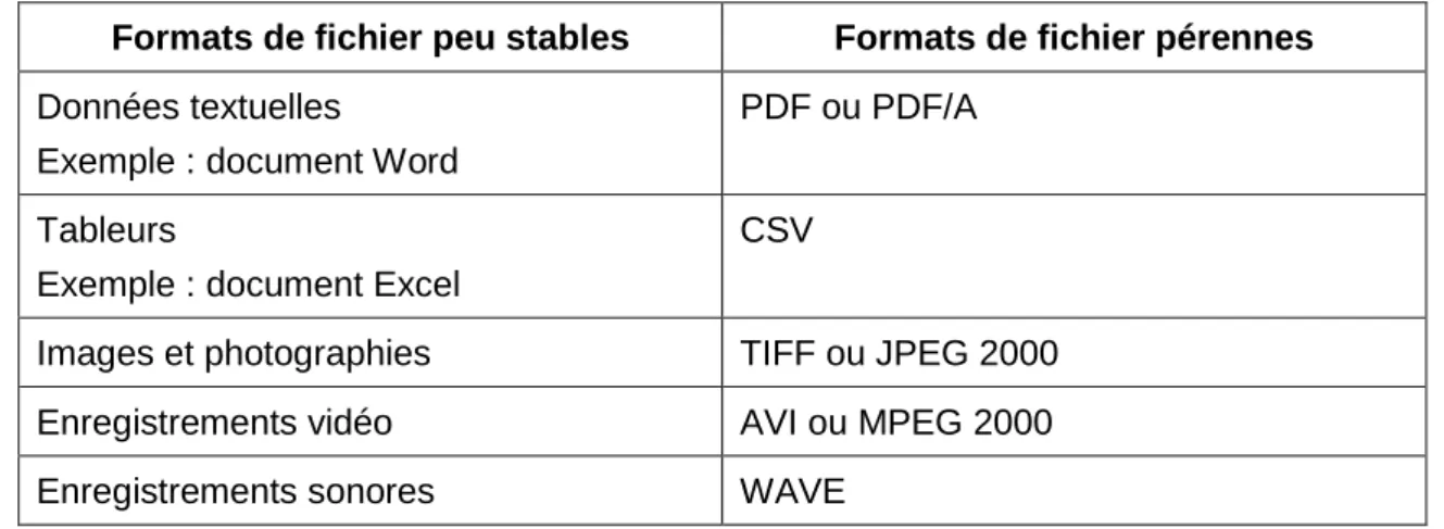 Tableau 2 : Migration de formats de fichiers 