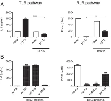 FIGURE 5. Molecular analysis of TLR and RLR sensitivity changes. ( A ) Quantitative RT-PCR analysis of Tlr7, Ddx58 (RIG-I), and Iﬁh1 (MDA-5) mRNA in J774 treated with naked poly(I:C) or rIFN-b for 8 and 24 h