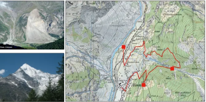 Fig. 10  Le  tracé  rouge  sur  l’extrait  de  la  carte  topographique  montre  les  différents arrêts  pour observer la région de Randa