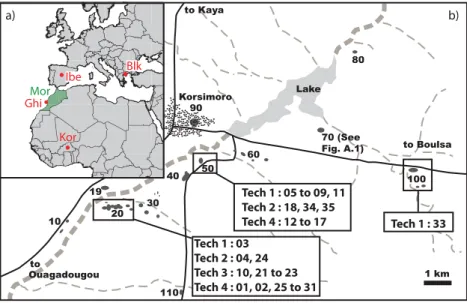 Fig. 1. a) Map of Africa and Europe showing the location of Korsimoro (Kor) along with the location with which we compare the magnetic data: Cape Ghir (Ghi), Morocco (Mor), Iberia (Ibe), and the Balkans (Blk)