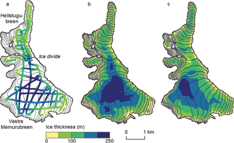 Fig. 5. Comparison of mean thickness calculated from the distrib- distrib-uted model and interpolated from the measurements for 79 glaciers in Norway.