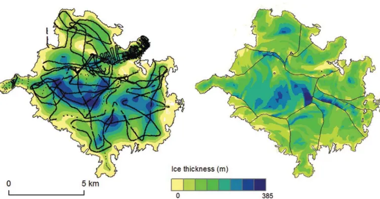 Fig. 7. Thickness–area (a) and V-A scaling (b) relationship fitted to interpolated volume derived from ice thickness data for 79 glaciers.