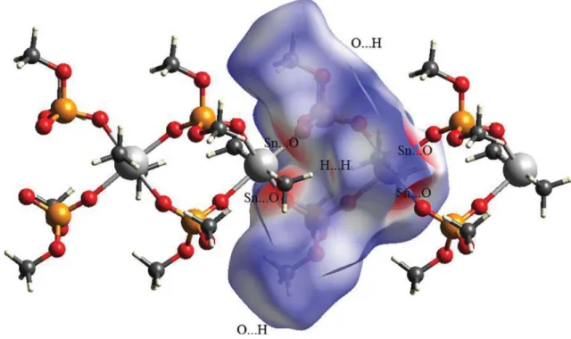 Fig. 7   d norm  mapped on Hirshfeld surface for visualizing the intermolecular contacts of the complex (I)