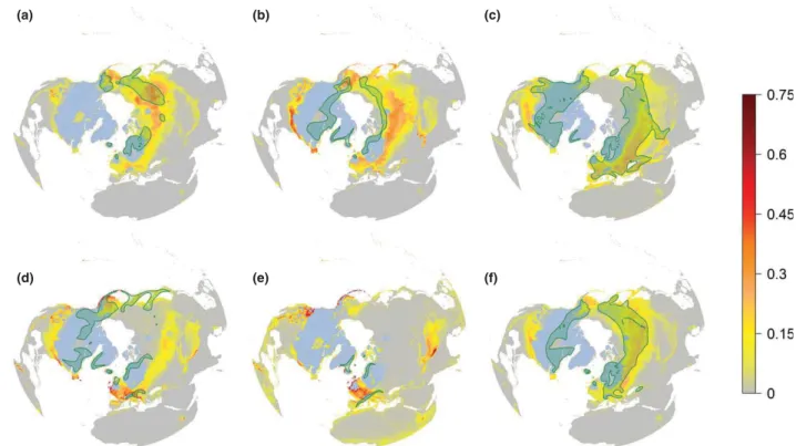 Figure 2 Maps of species current distribution (in green), together with hindcasted climatic suitability for the species during the Last Glacial Maximum (LGM) computed as the average between the projections using the three general circulation models