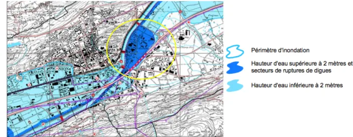 Fig. 11 : Plan des zones de danger d’inondation à Sion (Canton du Valais, s.d.).