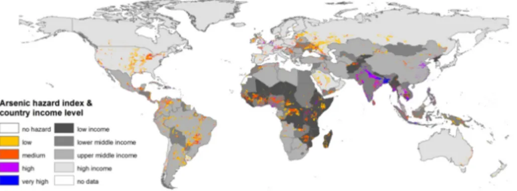 Figure 1: Arsenic hazard map showing the population density in regions where the probability of groundwater contamination with arsenic  or fluoride is greater than 50%