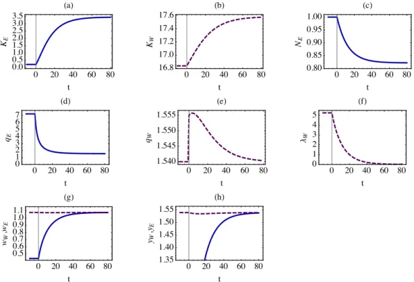 Figure 2: Transitional dynamics implied by the benchmark model. Solid lines: time path eastern variables; dashed lines: time path western variables