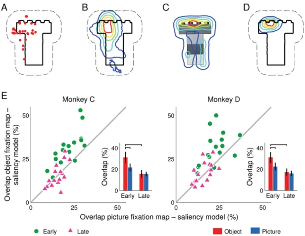 Fig. 8. Gaze patterns and saliency estimation. (a) For each trial, mean horizontal and vertical position (red circles) of ﬁxations occurred during early and late static epochs were estimated