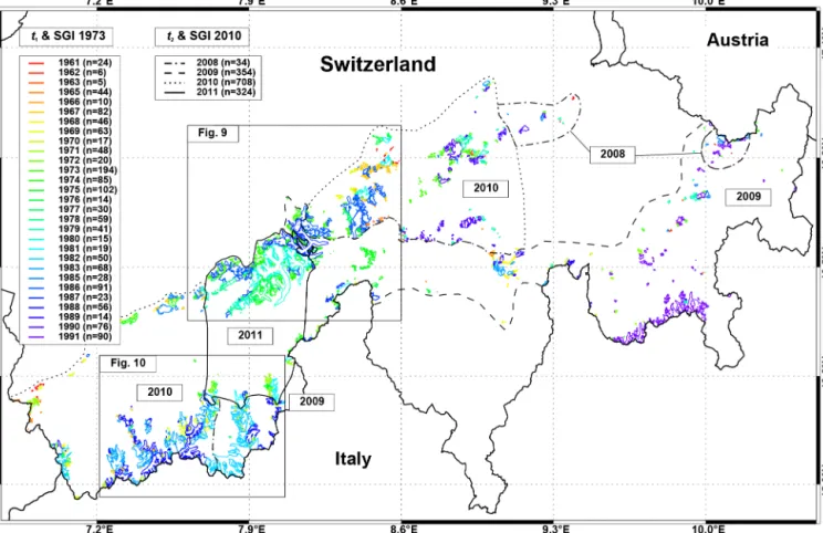 Figure 1. Glaciers in the Swiss Alps. Colours refer to the acquisition date of the elevation information (DHM25 Level 1) defining the beginning of the investigated period (t 1 )