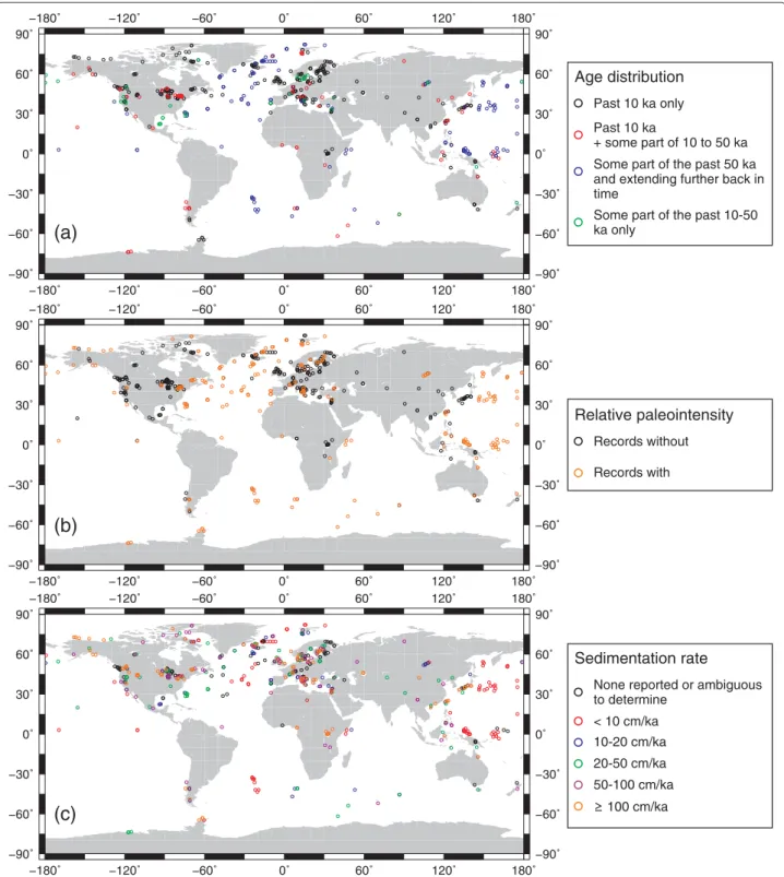 Figure 3 Global distribution of sediment cores documenting paleomagnetic field variations for some portion of the past 50 ka
