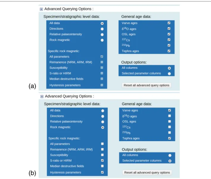 Figure 6 Examples of the advanced query form with: (a) default options and (b) refined data querying and output options.