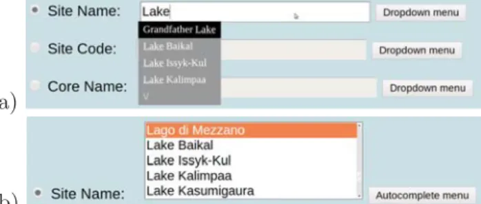 Figure 4: Alternative methods of selecting geographic constraints using (a) an autocomplete menu or (b) a dropdown menu.