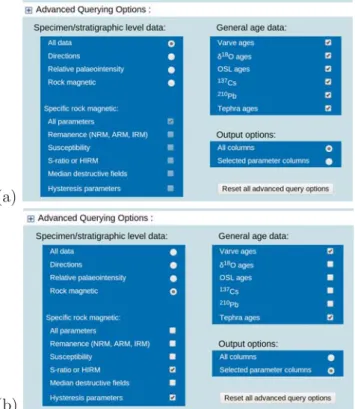 Figure 5: Examples of the advanced query form: (a) with default options and (b) with reﬁned data querying and output options.