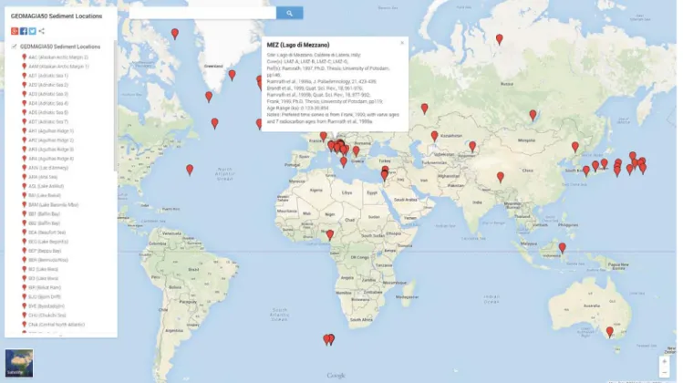 Figure 6: Google map of sediment locations included in the GEOMAGIA50 database (December 2014) opened in maps.google.com.