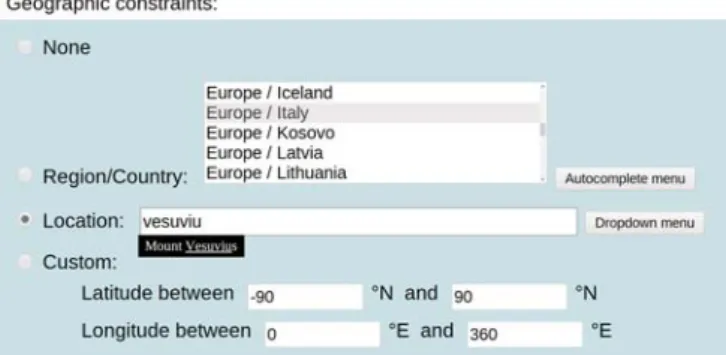 Figure S3: Options in the ‘Geographic constraints’ panel, including examples of autocomplete and  drop-down menus.
