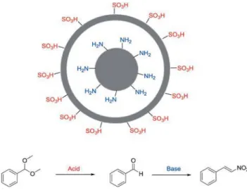 Figure 10 shows the deacetalization, which is catalyzed by SO 3 H groups (step 1), and the Henry reaction, which is 