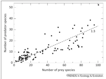 Figure 3. Predator–prey richness ratios in freshwater invertebrate communities after [44], compared with the predicted ratio of 1:3 (broken line).