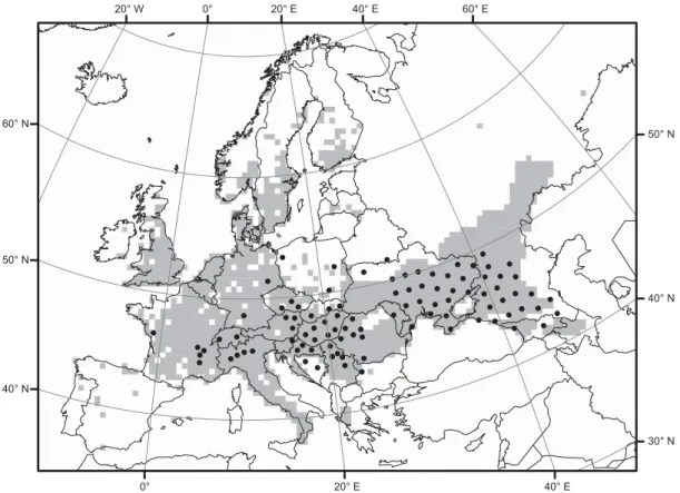 Fig. 2. The distribution (colonized grid cells of 50 9 50 km size are shown in grey) of Ambrosia artemisiifolia in Europe