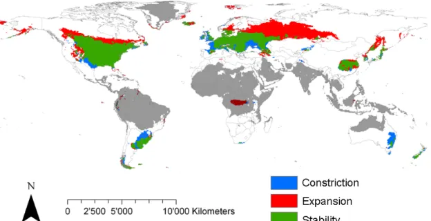 Fig. S5. The potential binarized distribution of A. artemisiifolia under current and future  (A1b in 2100) climate as predicted by SDMs