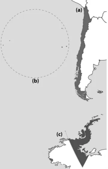 Fig. 1. The Chilean territory includes: (a) continental Chile, which stretches from 17 ◦ 30  S to Cape Horn at 56 ◦ S; (b) insular Chile, which includes many continental and oceanic islands (the latter are indicated by the dotted circle); and (c) the Antar