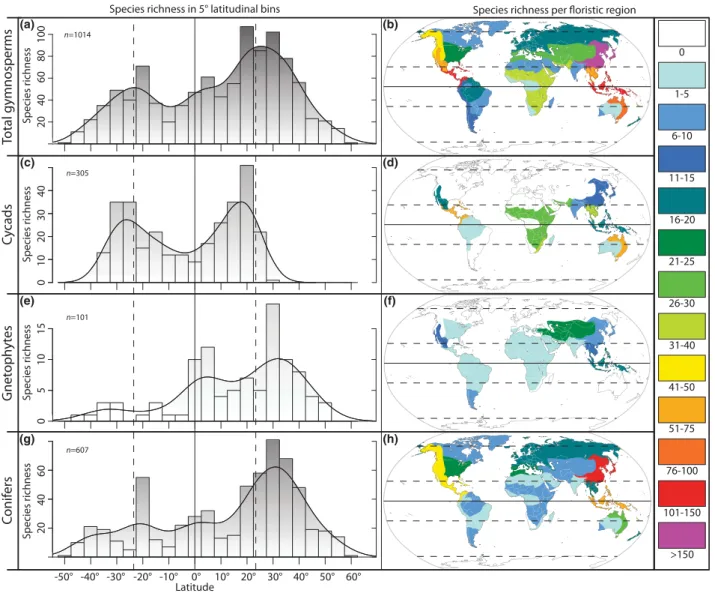 Figure 1 The global latitudinal distribution of gymnosperms. The left-hand panels show species richness along the latitudinal gradient.