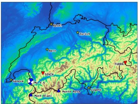 Figure 1.1. Earthquake simulation setup, with a Mw 4.6 earthquake in the Swiss- Swiss-French Alps and two recording stations FUORN and SENIN.
