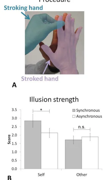Fig. 1 Experimental procedure. (A) Procedure to induce the NI: subject’s stroked hand (indicated in violet) is held against another person’s palm and the subject strokes with the index and thumb of his other free hand (i.e