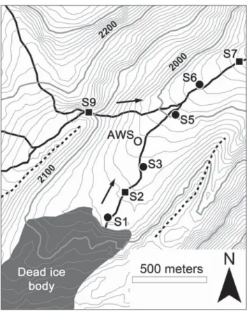Figure 1. The Damma glacier fore ﬁ eld: lateral moraines are indicated with dashed black lines