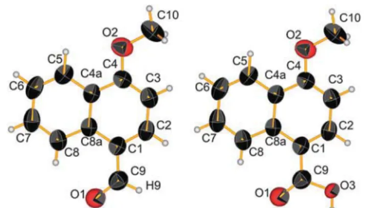 Fig. 2 Ortep representation of the aldehyde form (left) and the acid (right); ellipsoids are drawn with 50% of probability.