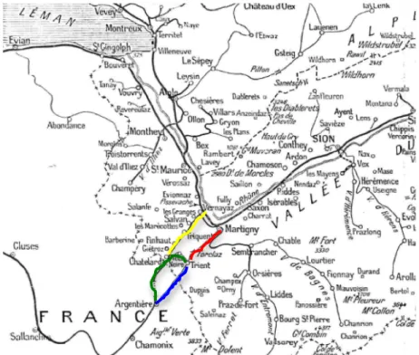 Figure 5. Carte avec les différents itinéraires du Valais à Chamonix  (Source : Journal illustré des stations du Valais, 1912, p