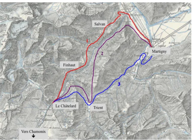 Figure 7 : Carte représentant les différents tracés du chemin de fer.  