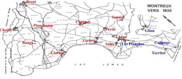 Figure 5. Carte de Montreux tirée de Mettler (1979), avec les différents villages de la commune de Châtelard (en  rouge) et ceux de la commune des Planches (en bleu) 