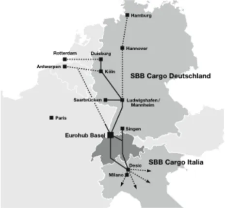 Abb. 6: Destinationen in Europa die durch die Schweiz führen (Metz K., 2004, S. 37) 