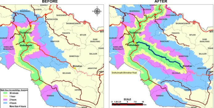 Figure 20: Map of the Sindhulimadi‐Bhimsthan road,  Sindhuli,  showing access before and after construction 