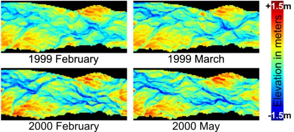 Fig. 2. 2,900 m × 1,200 m (145 pixels × 60 pixels − x axis × y axis) DEMs of the Waimakariri River, New Zealand at four time steps