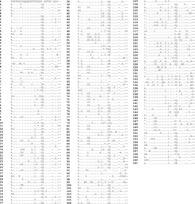 Figure 3.1.  MSP1a tandem repeat sequences in A. marginale strains. The one letter  amino  acid  code  was  used  to  depict  MSP1a  repeat  sequences