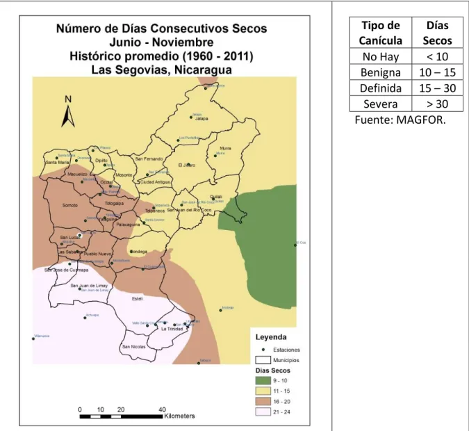 Figura 4.- Número de Días Consecutivos Secos durante la Canícula (promedio) en Las Segovias.
