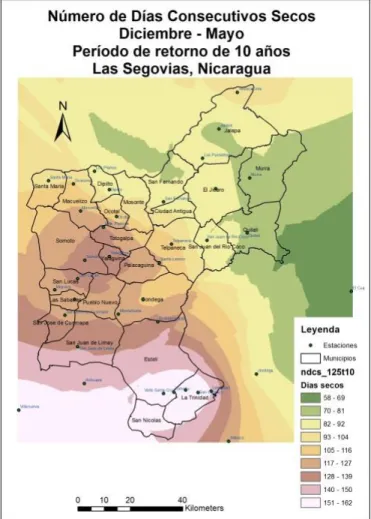 Figura 1.- Número de Días Consecutivos Secos durante la estación seca con un Período de  Retorno de 10 años en Las Segovias